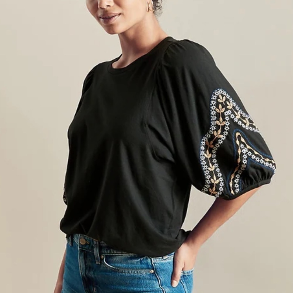 Banana Republic Black Blouse with Embroidered Puff Sleeves